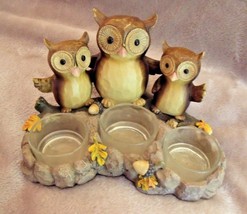 2012 Yankee Candle 3 OWLS Tealight CANDLE HOLDER Fall LEAVES &amp; ACORNS Ca... - £19.74 GBP