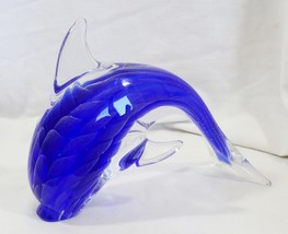 Cobalt Blue Art Glass Dolphin Porpoise Paperweight Figurine Internal Texture 8&quot; - £11.98 GBP