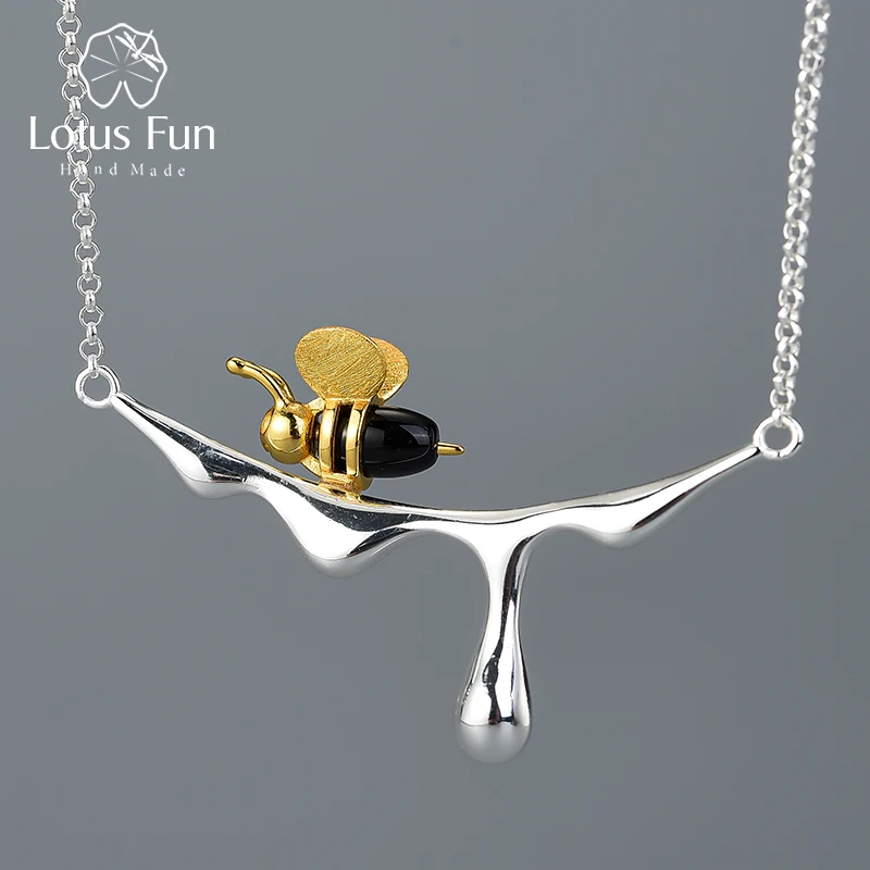 18K Gold Bee and Dripping Honey Pendant Necklace Real 925 Sterling Silver Handma - £57.22 GBP