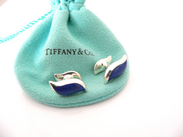 Tiffany &amp; Co Silver Peretti Blue Enamel Feather Wave Cuff Links Cufflink... - £472.92 GBP