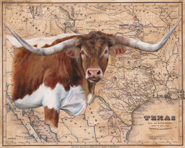 Texas Longhorn Map by Patty Pendergast Longhorn Steer Wildlife Canvas 32x40 - £310.61 GBP