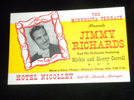 Minnesota Terrace Hotel Nicollet Jimmy Richards &amp; Orchestra promo card c... - £14.05 GBP