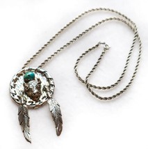Vintage Navajo Sterling Silver Necklace Dreamcatcher Bison Feathers Turquoise - £153.95 GBP