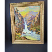 Vintage 90s Waterfall Mountains Forest Painting in 18.5&quot;x15&quot; Frame - £54.74 GBP