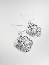 CLASSIC Lightweight Brighton Bay Silver Filigree Crystal Square Dangle Earrings - $10.99