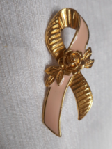 Vintage Avon Breast Cancer Awareness Pink Gold Ribbon Rose Brooch Pin 2 1/16&quot; - £15.95 GBP