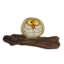 Hand Painted Owl Rock Decor on Driftwood Unique Home Office Art Gift MCM - £15.66 GBP