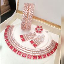 Indian CZ Bollywood AD red Gold Plated Jewelry Necklace Earrings Bangle Rings - £68.75 GBP