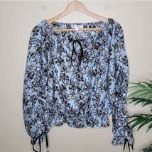 Robert Rodriguez | Blue Black Floral Silk Blouse Ruffled Split Sleeves S... - £50.15 GBP