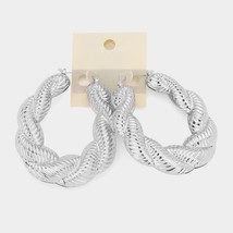 Silver Textured 14K Bamboo Doorknocker Hoop Earrings 3&quot; Twisted Fashion - £23.74 GBP