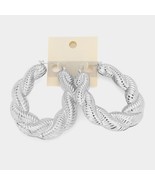 Silver Textured 14K Bamboo Doorknocker Hoop Earrings 3&quot; Twisted Fashion - $29.70