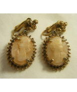Vintage Florenza Cameo Dangle Earrings Gold Tone Textured Metal 16-F - $39.59