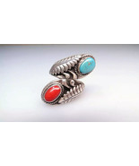 Large Vintage Navajo Turquoise Coral Bypass Silver Feathers Ring Signed T.N - £57.77 GBP