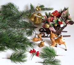 Reindeer 3 Deer Mid Century Christmas Greenery Sleigh Bell Holiday Vintage Craft - £39.86 GBP