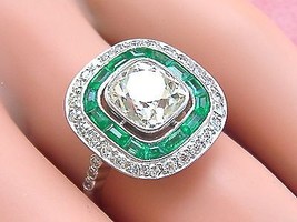 Antique Art Deco 2+ct Cushion Diamond Emerald Halo Cocktail Engagement Ring 1930 - £13,196.67 GBP