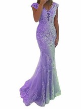 V Neck Sheer Beaded Lace Tulle Long Mermaid Evening Prom Dresses Lavender US 14 - £101.60 GBP