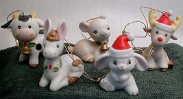 5 Sweet BARNYARD Animals PORCELAIN Christmas Ornaments 1970 Childs Heirloom Tree - £15.73 GBP