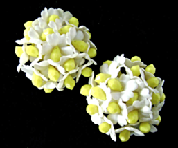 Vintage White Yellow Flower Earrings Soft Plastic Huge 1950&#39;s Kitschy  - $12.00