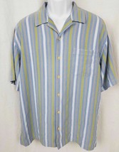 TOMMY BAHAMA Large L 100% Silk Light Blue Striped Camp Shirt - $15.83