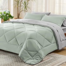 Sage Green Queen Comforter Set - 7 Pieces Reversible Bed Set Sage Green Bed In A - $67.99