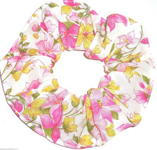 Floral Hair Scrunchie Flowers Pink Yellow on White Fabric Scrunchies by Sherry  - £5.50 GBP