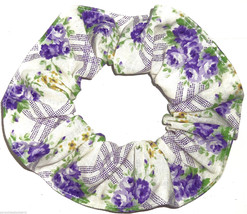 Floral Hair Scrunchie Flowers Purple Green on Cream Fabric Scrunchies by Sherry  - £5.50 GBP