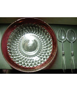 INDIANA GLASS RUBY BAND DIAMOND POINT CRYSTAL 13&quot; SALAD BOWL 3 PC SET w/... - $85.00