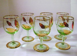 Elegant Crystal Green Wine Cordials with Gold Leaves - $14.00