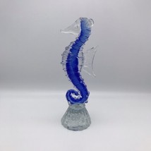 Blown Art Glass Seahorse Paperweight Cobalt Blue Clear w Base 10&quot; - £31.96 GBP