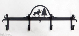 Wrought Iron Coat Bar Moose &amp; Pine Tree 4 Hooks Black Wall Home Decor Rack - £38.06 GBP