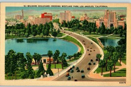 Aerial View Postcard Wilshire Blvd crossing Westlake Park Los Angeles w Old Cars - £8.73 GBP