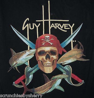 Guy Harvey Fishing T-Shirt Skull Pirate Shark Fish Tee Black Bluewater Size Med - $19.95