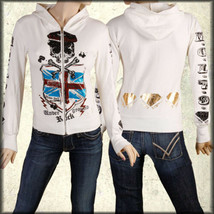 Motor City Legend Union Jack Skull Swarovski Crystals Womens Hoodie Whit... - £69.98 GBP