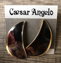 Vintage Caesar Angelo Gold Tone Earrings Tear Drop Marble Agate Vibe New 1980s - £27.83 GBP