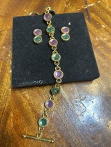 Joan Rivers Toggle  Earring Bracelet  Set 7&quot; Pink &amp; Green - £70.43 GBP