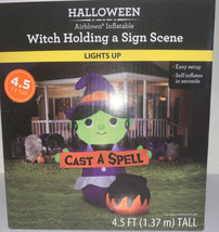 New Witch Holding A Sign Scene 4.5 Foot Tall Halloween Inflatable Cast A Spell - £30.00 GBP