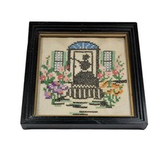 Victorian Silhouette Woman Courting Couple Flowers Cross Stitch Picture Antique - £59.76 GBP