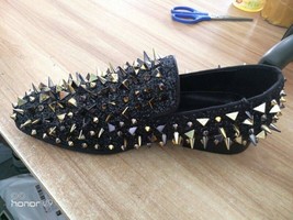 Gold Spiked Loafer Shoes Men Round Toe Rivet Studded Sequined Flat Shoes For Man - £120.31 GBP