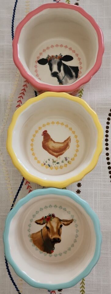Pioneer Woman Set of Three (3) Gingham Farm Animal Ramekin Cups ~ Stonew... - $22.44