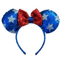 Patriotic Sequin Mickey Mouse Ears Headband Blue Silver Stars Red Bow - $14.40