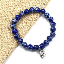 Naturel Bleu Foncé Sédiment Bouddha 8 MM Perlé 7.5 &quot; Grattable Bracelet BBB-72 - £10.30 GBP