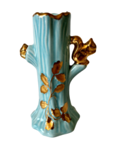 Blue Ceramic Tree Trunk 22K Gold Trim Squirrel &amp; Leaf Design Flower Bud Vase - £8.65 GBP