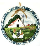 Vtg Toleware Decorative Blue TIn Trays Barnyard Motif 11&quot; Signed Dated S... - $32.20 CAD