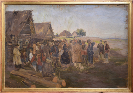 Crowded Scene of Russian Village early 20th century Oil Painting by Kirs... - $990.00