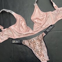 Victoria&#39;s Secret 32A/32B Xs Bra Set Pink Black Crystallized Snake Shine Strap - £63.10 GBP