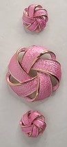 Premier Designs Vintage Ribbon Wreath Earrings &amp; Brooch Pin Gold And Pink Tone - £10.99 GBP