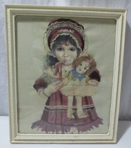 Vtg Finished Crewel Embroidery Embellished Victorian Girl w/ Doll Needlework Art - £40.21 GBP