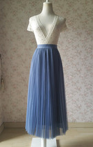 Dusty Blue Pleated Tulle Skirt Women Custom Plus Size Tulle Maxi Skirt image 1
