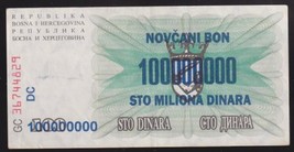 Bosnia Herzegovina 1993 RARE 100 Million Dinara O/P over 100 Dinara note... - $12.00