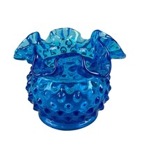 Vintage Fenton Glass Blue Hobnail Rose Bowl 3” Ruffled Edge Elegant Collectible - $16.82